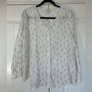 Joie White Sheer Blouse with Champagne Glasses Print. Feminine. Size Large.